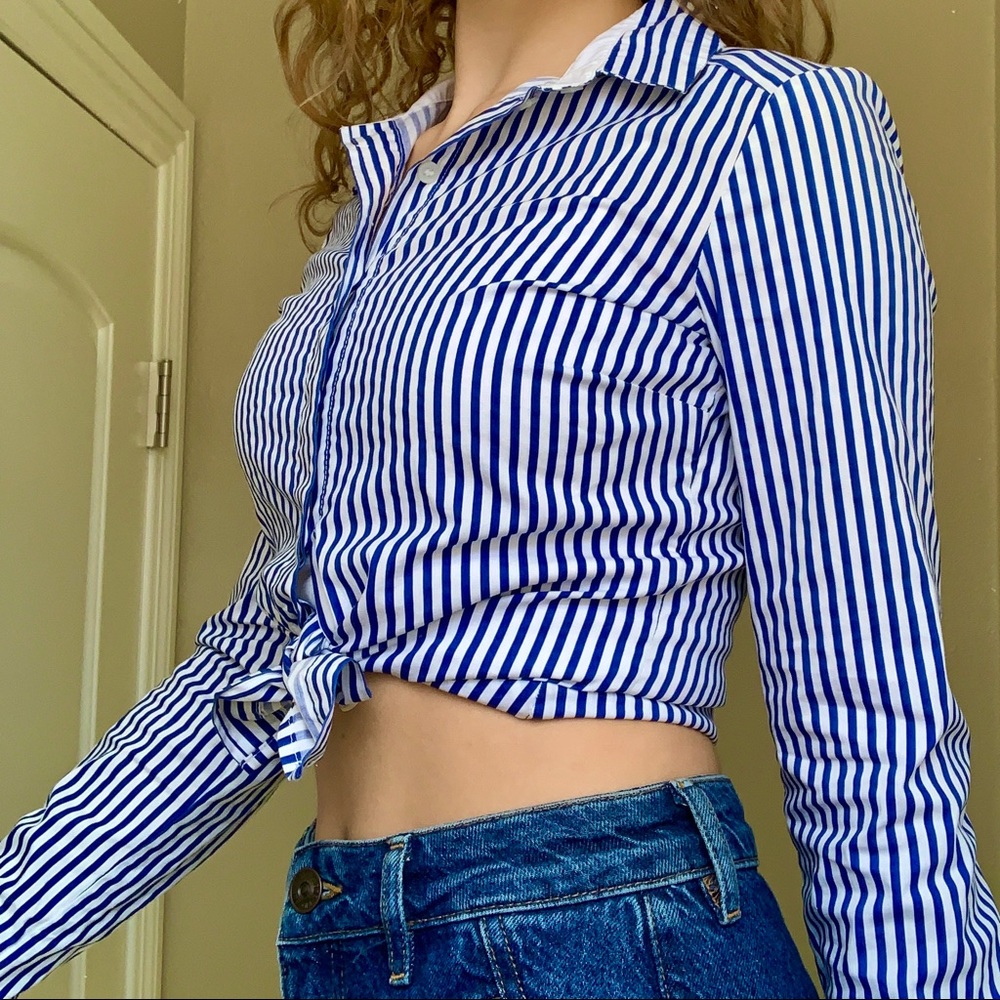 Blue and white stripped button up blouse / top